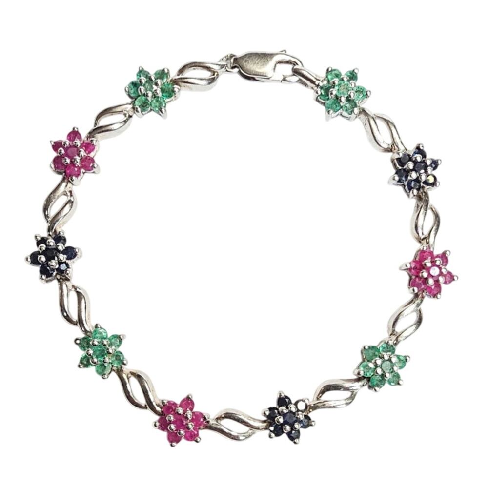 Natural Emerald, Ruby & Sapphire Rhodium Plated Sterling Bracelet